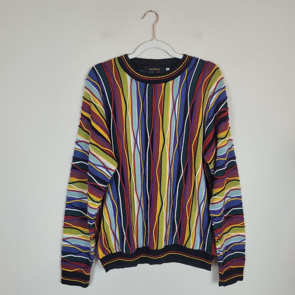 Bachrach‎ Sweater XL Multicolor Chunky 3D Knit Coogi Style Chunky Biggie 90s
